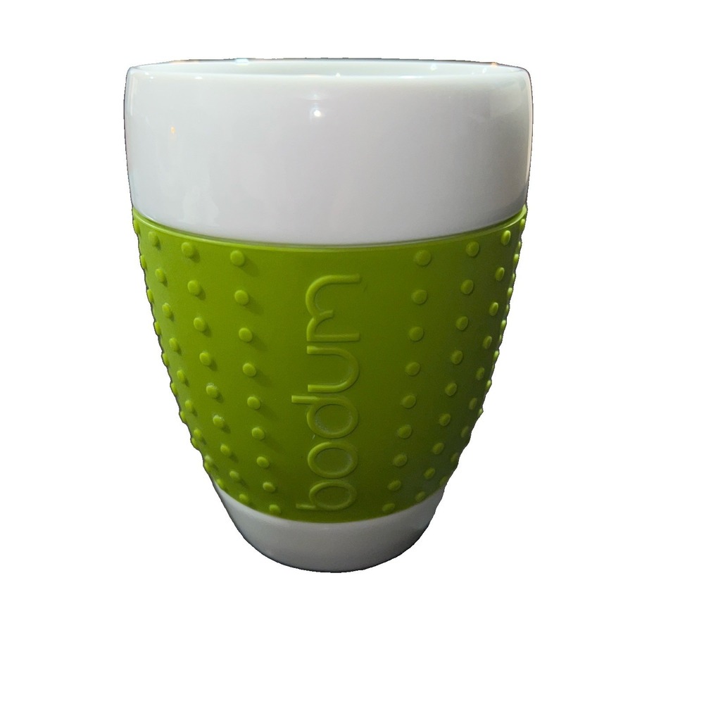 2N30/ Porcelain Cup Green Dotted Silicone Grip 4.5" Tall EUC